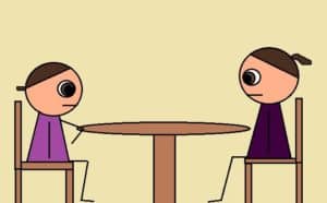 An animation of a parent and child on a table